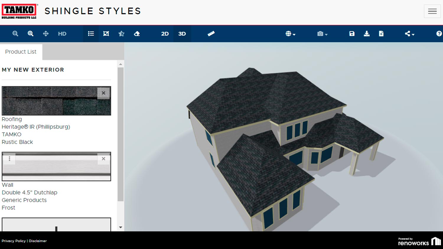 TAMKO Shingle Styles - Renoworks Visualizer (3D rendering)