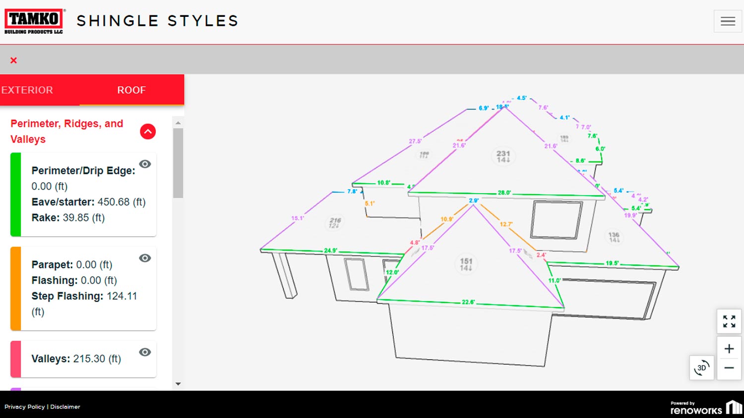 TAMKO Shingle Styles - Renoworks Visualizer (measurements)